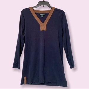 Lauren Ralph Lauren Navy Blue 3/4 Sleeve V-Neck Faux Suede Top SZ Large